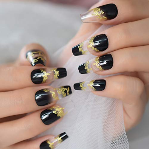 Coolnail Glossy Gold Glitter Ombre Black Clear French Ballerina Coffin Press On False Nail Gradient Ballet Fake Nails Tips For Women Girl #TOP11