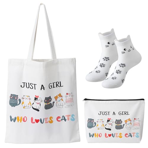 ViEinkaufen Cat Gifts for Women Girls Cat Lovers Tote Bag with Inner Pocket,Makeup Bag and Women's Sock Canvas Foldable Grocery Shopping Bag Birthday Gifts for Mum Auntie Best Friend Teachers