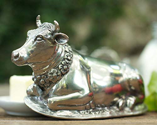 Vagabond House Pewter Metal Mabel The Cow Covered Butter Cream Cheese Dish Container Keeper Heirloom Quality With Stoneware Tray Base 8.5 Inch Long #TOP7