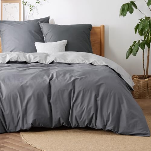 BEDSURE Bettwäsche 155x220 Anthrazit Grau - Baumwolle Bettwäsche-Sets 155 x 220 cm Wendebettwäsche 3teilig mit 2 Kissenbezüge 80x80 cm, Oeko-TEX...