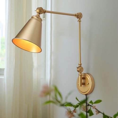 Image of SUNLLOK Modern Gold Plug in Wall Sconces - Industrial Adjustable Swing Arm Hanging Wall Light Fixture - Indoor Rustic Reading Wall Lamp Decoration for Living Room, Kids Bedroom, Office (1)