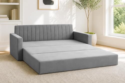 Image of Modern 3 Seater Sofa Cum Bed with Armrest, Velvet Fabric Couch for Living Room, Space Saving Foldable Sleeper Sofa, (Grey-Color)