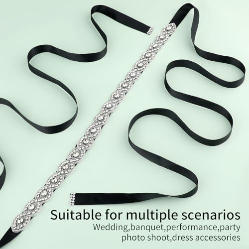 Bridal Belt Handcrafted Rhinestone Wedding Dress Belt, Glitter Crystal Belt with Black Ribbon Belt for Formal Dress, Bride Dress, Party Holiday Celebration(Style 2)3