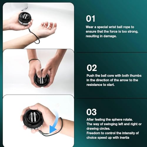 Image of Auto-Start Gyro Wrist Strengthener Ball for Grip, Forearm, Wrist & Finger Exercise, Hand Therapy, Injury Recovery, Fitness Training & Muscle Building (Bag, No Lights, Full Black)