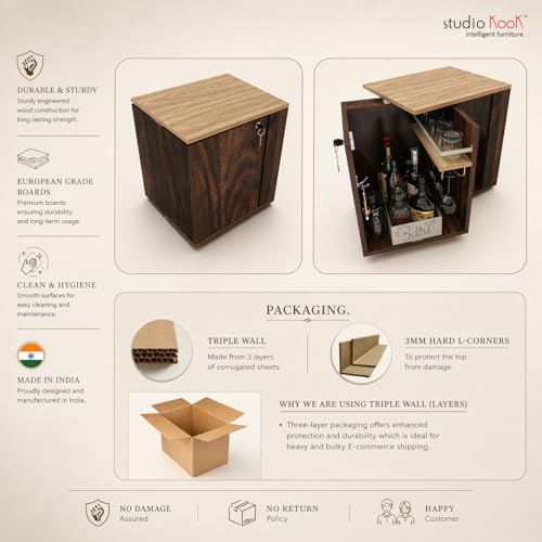 Image of Studio Kook Classic Mini Bar - 360 Revolving Wooden Home Bar Cabinet with Lock, Stainless Steel Glass Holder, Delivered Preassembled (Junglewood, Matte Finish)