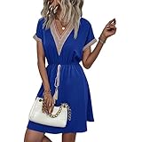 Casual Women's Summer Dress with Embellishments Short Sleeved V-Neck Front Tie Flowing Dress, Sapphire Blue, XX-Large