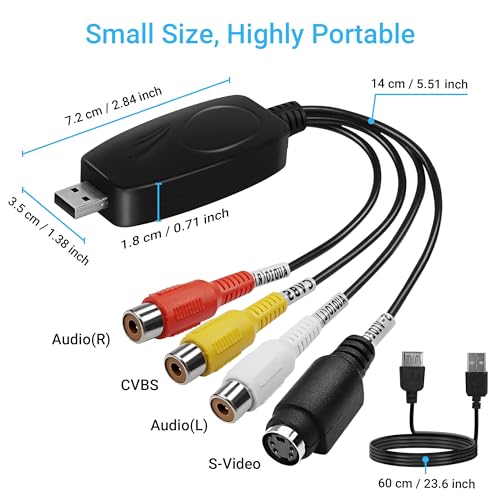 USB 2.0 Audio Video Capture Card,Digitization of Old Videos, VHS VCR TV to DVD Converter, Suitable for Mac OS & Windows 10/8/7/XP/Vista, with a 100 cm RCA Extension Cable and Windows Software CD