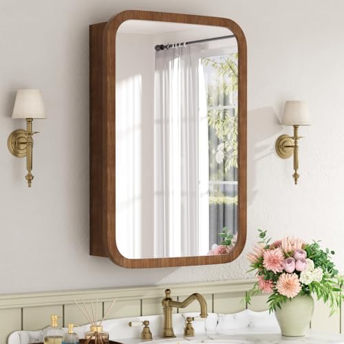 Keazile 16x24 Inch Wood Medicine Cabinet with Mirror for Bathroom, Walnut