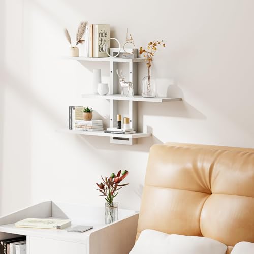 Image of Homode Floating Shelves, Set of 3 Wooden Hanging Shelves for Bathroom and Bedroom Storage, Decorative Wall-Mounted Display Shelf for Plants, Books, Pictures, White