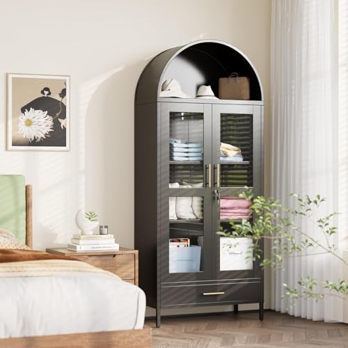Image of 72.83 inch H Black Metal Arched Cabinet with 1 Drawer,Arched Cabinet with Glass Doors for Home Office Living Room, Assembly Required