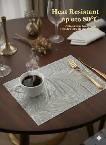 Image of Dining Table Mat and Runner Set for Home Kitchen Reusable Placemat Combo Set for Everyday Dining Use and Table Setup (Fern mat + Modern ractangle Table Runner, Pack of 7 (6+1))
