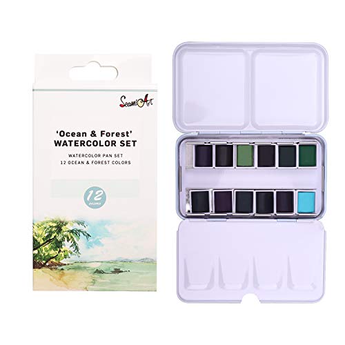 Watercolors Paint Set of 12 Assorted Confections Watercolor Pans in Portable Tin Box for Artists Art Watercolor Painting Ocean&Forest Series