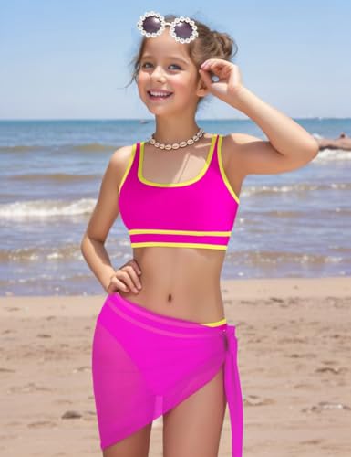 Teen Girls Swimsuit High Waist Sporty Bikini Bathing Suits with Cover Up Skirt and Sunglasses 4 Piece Set 8-15 Years (US, Age, 8 Years, 9 Years, Pink)2