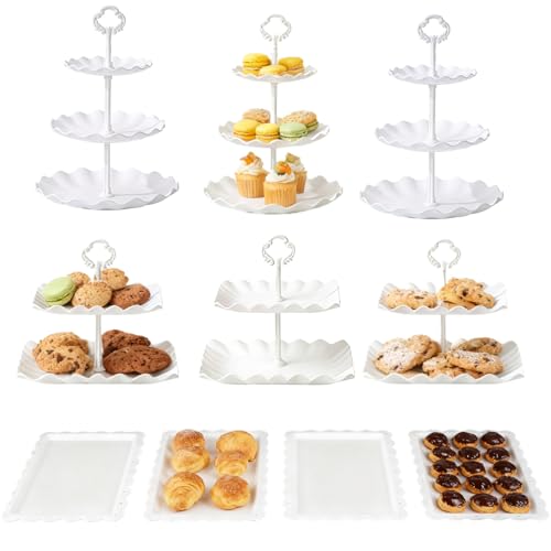 Dniieo 10 Juego de Soportes para Pastel, Juego de Bases para Postres de Plástico con Múltiples Estilos de Combinación, Bandeja para Bizcochos, Cupcakes, Tarta y Pan para Bodas o Cumpleaños (Blanco)