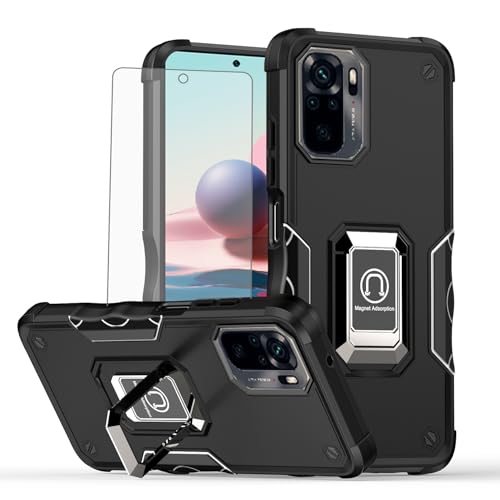 Coque Redmi Note 10S 4G rigide noire béquille anneau et film protection écran