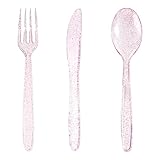 WDF 360 Pink Glitter Plastic Silverware - Disposable Glitter Cutlery - Plastic Silverware inluding 120 Forks, 120 Spoons, 120 Knives for Pink Birthday,Baby Shower