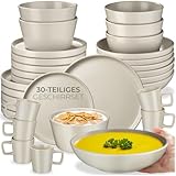 tectake® 30-tlg. Kombiservice, Geschirrset, Tafelservice 6 Personen, Steingut Geschirr Set, Teller Set mit Schalen, Kaffeetassen, Speiseteller, Frühstücksteller, tiefe Teller und Schüsseln - taupe