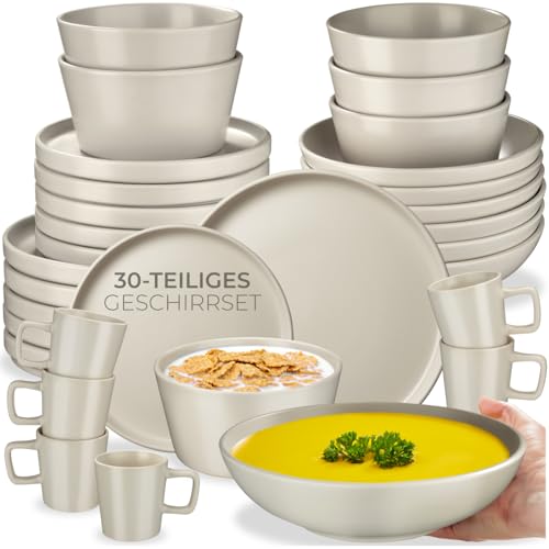 tectake® 30-tlg. Kombiservice, Geschirrset, Tafelservice 6 Personen, Steingut Geschirr Set, Teller Set mit Schalen, Kaffeetassen, Speiseteller, Frühstücksteller, tiefe Teller und Schüsseln - taupe