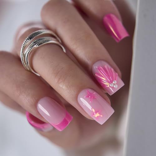 CurvLife Medium Squoval 3D Press On Nails, Coral Tide Pink, Soft Gel