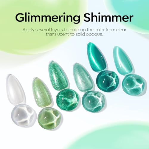 Image of modelones Glitter Gel Nail Polish Set, 6 Colors White Green Lake Blue Pearl Shimmer 9D Cat Eye Gel Polish with Magnet Soak Off LED Nail Art Kit Salon DIY Home Gift