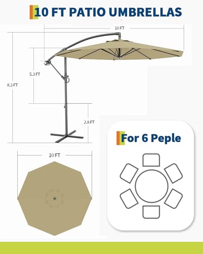 HarmonyHealth 10FT Cantilever Patio Umbrella with Cross Base, Outdoor Offset Market Umbrella with Infinite Tilt and Crank Lift, Outside Umbrellas for Backyard Lawn Garden and Pool (Beige)