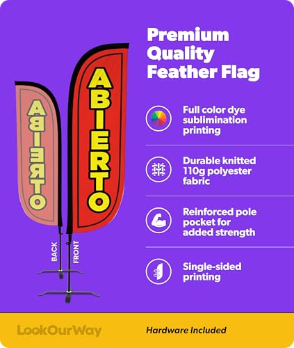 Image of LookOurWay Feather Flag Set - 5ft Tall Advertising Banner Flag with Pole Kit and X-Stand for Business Promotion - Abierto