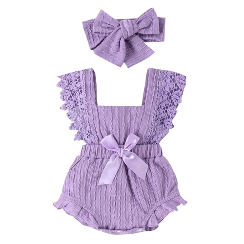 Image of MERSARIPHY Baby Girl Summer Outfit Boho Clothes Newborn Infant Ruffle Pleated Ribbed Bubble Boho Lace Bodysuit Jumpsuit