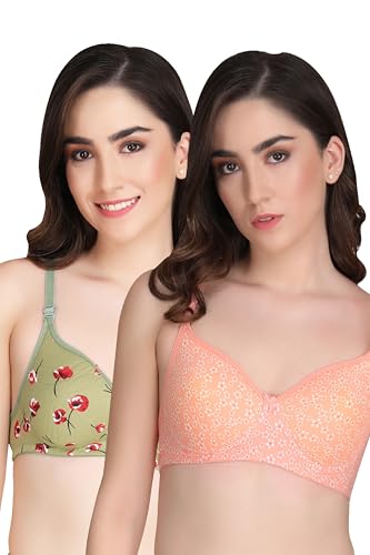 Image of Flower Print Bra for Women - Made of Pure Cotton Full Coverage Non Wired Pushup Soft Cup for T-Shirt Saree Dress Sports Garment for Daily Use Everyday