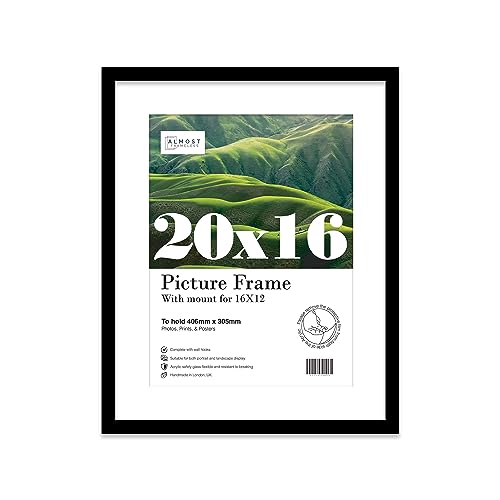 Almost Frameless 20x16 Black Picture Frame With Mount for 16x12 Print, Poster or Photo Poster, Photo, Artwork, or Print. Thin Edge Slim Frame Portrait and Landscape Display with Wall Hooks