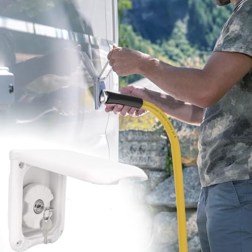 Image of RV Water Fill Inlet with Cover Gravity Water Fill Inlet, Square Magnetic Attraction and Lock Keys Double Protection City Fresh Water Connection for RV Camper Motorhome Boats (White)