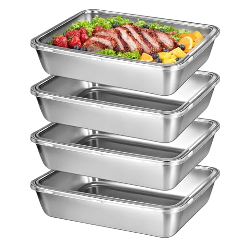 4 Pcs Stainless Steel Food Containers with Clear Lids, Fresh- Keeping Container, Deli Meat Keeper for Refrigerator, Stackable Snack Storage Boxes for Picnic BBQ Party Travel, Freezer & Dishwasher Safe