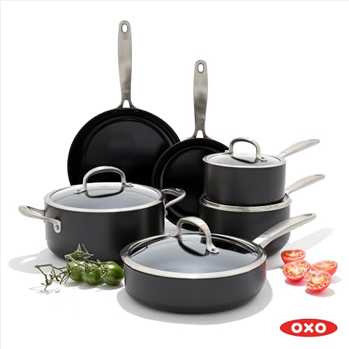 OXO Good Grips Pro 10 Piece Cookware Pots and Pans Set, 3-Layered German Engineered Nonstick Coating, Stainless Steel Handle, Dishwasher Safe, Oven Safe, Black by OXO - Image 5