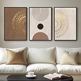 Framed Boho Neutral Abstract Wall Art, 3 Piece Canvas Prints Paintings Artwork for Walls, Large Minimalist Brown Beige Gold Geometric Pictures for Living Room Hallway Bedroom Office Wall Decor 16x24