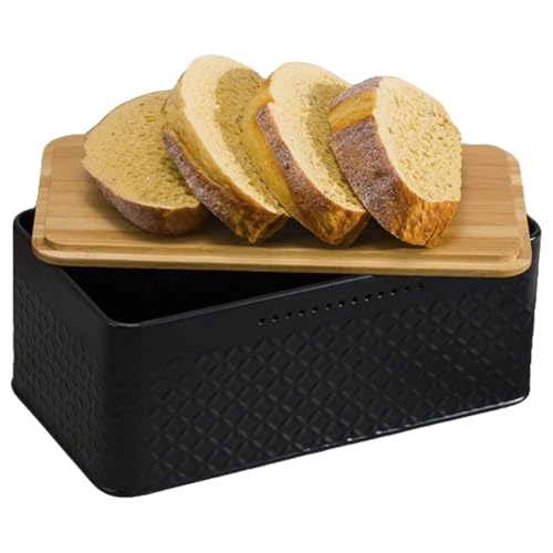 HPAMR Bread Bin Box Container With Bamboo Lid, Black Bread Storage Box, Bread Box, Breadbox Holder for Kitchen Countertop, Metal Bread Storage Container for Kitchen Countertop Storage Organiser