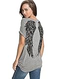 Haola Women Fashion Summer Short Sleeve Wings Print Tops Loose t Shirt Gray Tees L-Grey