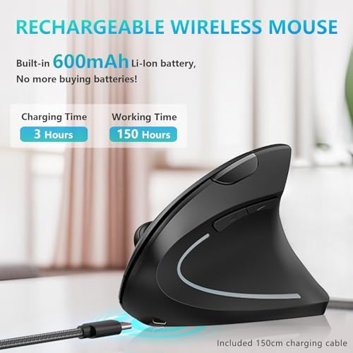 Lekvey Ergonomic Mouse, USB C Wireless Vertical Mouse, Dual Mode Rechargeable USB-A & Type-C Ergo Mouse, 1600 DPI, Relieves Wrist Pain and Carpal Tunnel, for Laptop Computer Mac MacBook PC, Black - 4