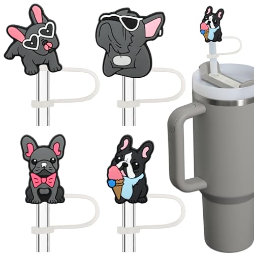 Amreich French Bulldog Straw Toppers - 4 Pack Silicone Straw Covers for 10mm/0.4inch Straws, Dog Lovers Birthday Christmas Holiday Gifts, Cute Stanley Tumbler Accessories