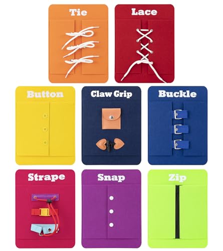 Montessori Busy Board for Toddlers 3-8, Learn Tie, Zip, Buckle, Lace, Claw Grip, Button, Snap & Straps, 8Pcs Sensory Travel Toy for Fine Motor & Life Skills Development, Birthday Gifts for Boys Girls