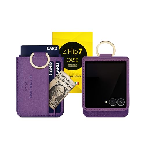 [BeYourSanta] Galaxy Z Flip 7 Case with Ring - Handmade Italian Vegan Leather Wallet with 3 Card Slots, Hinge Protection, Camera Cover, Wireless Charging, Made in Korea (Bosco, Persona Purple)