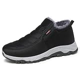 ZGHNP Men's Wide Warm Fur Lined Slip On Snow Boots Winter Hand Stitching Low Top Anti-Slip Loafers Shoes Comfortable Lightweight Casual Walking Shoes (Black,10)