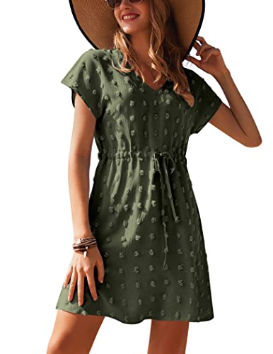 Ekouaer Sommerkleid Damen Kleider Casual V-Ausschnitt Midikleid Kurzarm A-Linie Kleid Swiss Dots Strandkleid Armeegrün X...