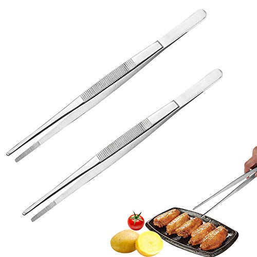 2 PCS Tweezers Tongs,Stainless Steel Kitchen Tweezer Tongs,Long tweezer with Precision Serrated Tips for Cooking,Repairing,Sea Food,Silver Long BBQ Tongs