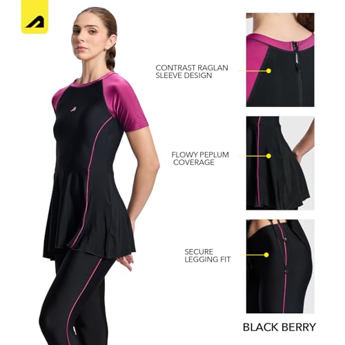 Image of Boldfit Swimming Suit for Women 2 Piece Swim Suit Set, Full Body Swimming Costume,Stretchable Fit Swimwear,Ladies Swimsuit for Women Polyspandex Swimming Dress
