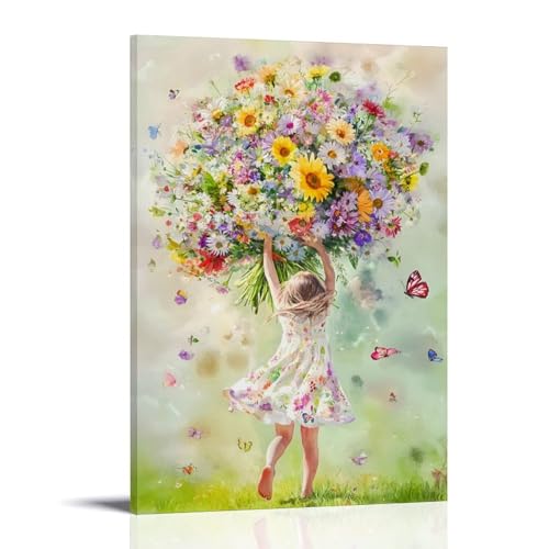 Modern Cute Wall Art, Girl Embracing Wildflower Hanging Paintings Poster,
