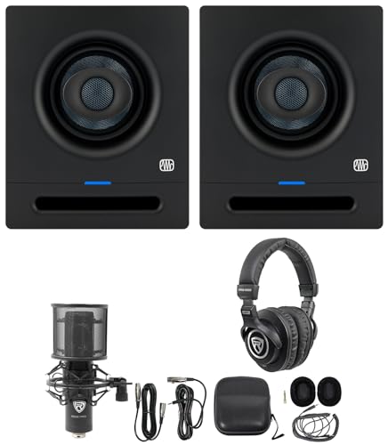 Audiosavings Bundle: (2) Presonus Eris Pro 4 Coaxial 2-Way Powered Studio Monitor Speaker Bundle with (1) Rockville PRO-M50 Studio Headphones & (1) Rockville RCM PRO Condenser Microphone
