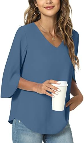 TAOHUADAO Womens 2023 Casual V-Neck Loose Tunic Top for Leggings 3/4 Sleeve Chiffon Blouse Shirt Tops 2X-Large, Blue