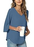 TAOHUADAO Womens 2023 Casual V-Neck Loose Tunic Top for Leggings 3/4 Sleeve Chiffon Blouse Shirt Top