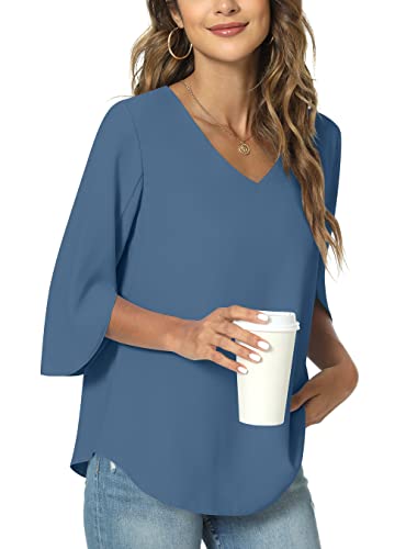 Taohuadao Womens 2023 Casual V-Neck Loose Tunic Top For Leggings 3/4 Sleeve Chiffon Blouse Shirt Tops 2X-Large, Blue #TOP5