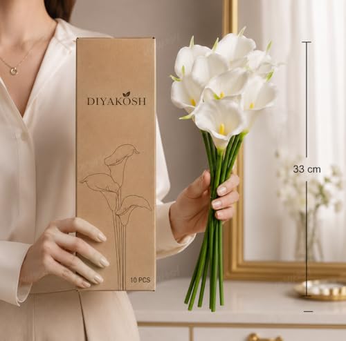 Image of Divyakosh 10 White Calla Lily - Artificial Flowers Bunch for Vases (VASE NOT Included), Decorative White Artificial Flowers for Vase Decoration, Home Decor, Living Room, Diwali Gift Items