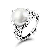Weviway 925 Sterling Silver Pearl Rings for Women, Vintage Adjustable Open Promise Band Ring, Statement Hollow Carved Stackable Jewellery Gifts for Wedding